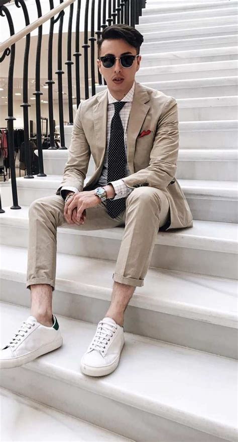 suit with sneakers and sneakers.